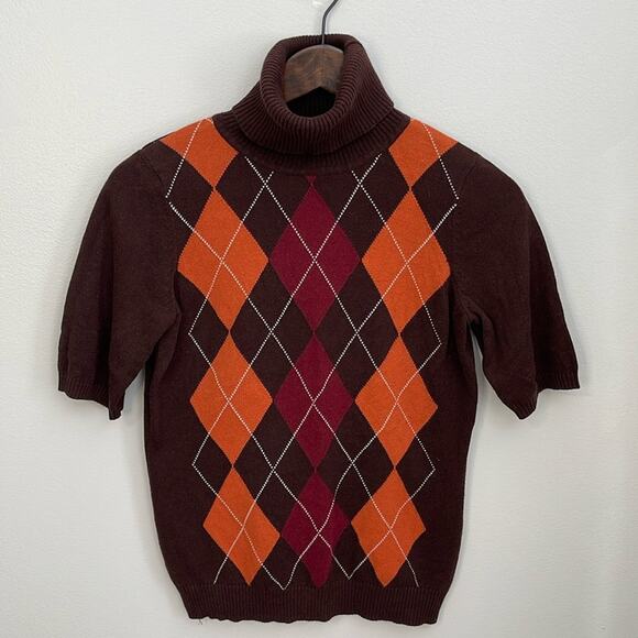 Dressbarn Brown Argyle Short Sleeve Turtleneck Sweater Size S - Picture 1 of 4